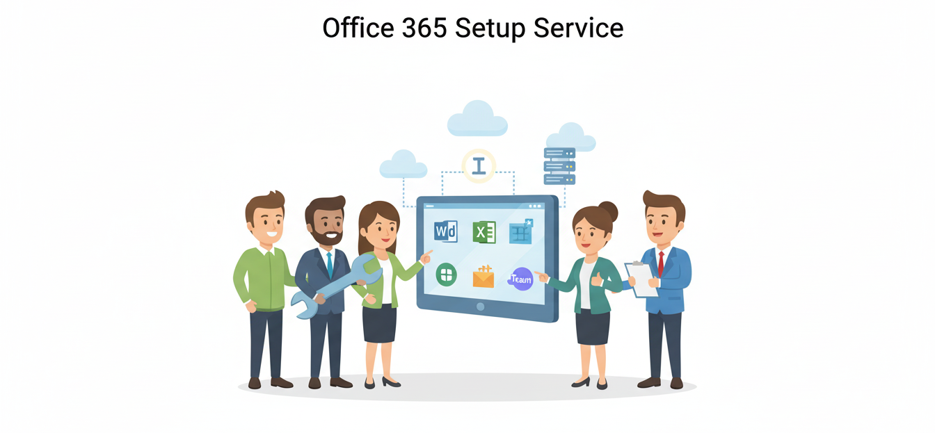 Graphic showing IT professionals configuring Office 365 accounts and cloud storage for a business, representing Rycramweb’s setup service.