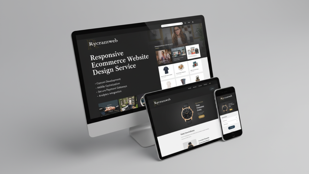 Illustration of an ecommerce website displayed on desktop, tablet, and mobile devices, representing Rycramweb’s responsive ecommerce web design service.