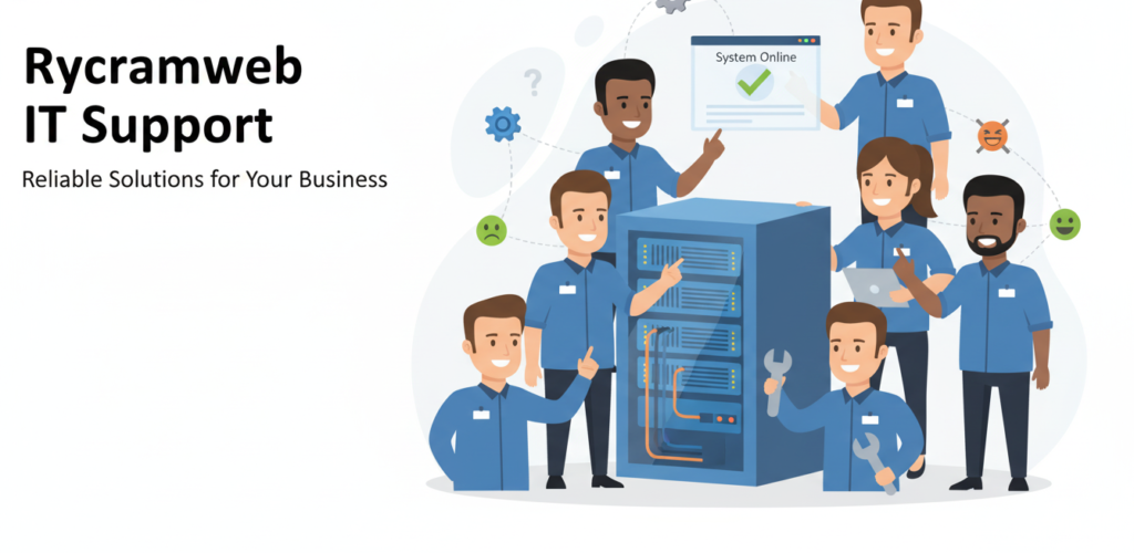 Graphic showing IT specialists providing support to office staff, representing Rycramweb’s reliable IT services.