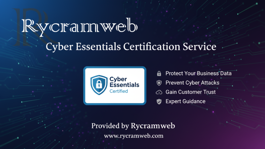 Illustration of a secure office network with a shield icon, representing Cyber Essentials certification and data protection by Rycramweb.