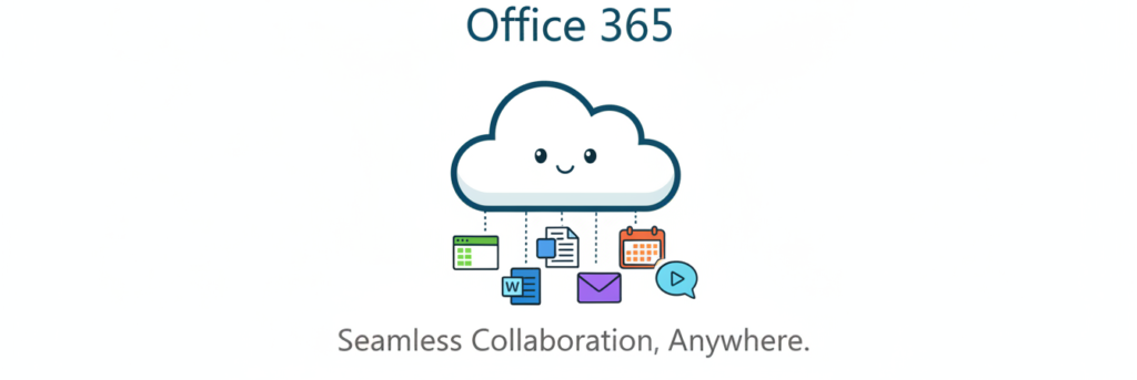 Illustration of business professionals collaborating online using Office 365 apps, representing Rycramweb’s managed Office 365 services.