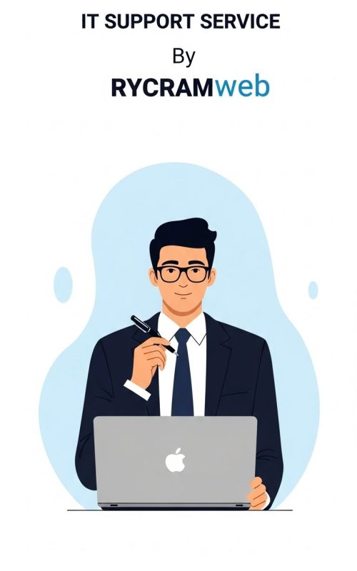 Illustration of IT professional with computers, representing Rycramweb’s reliable IT support services.