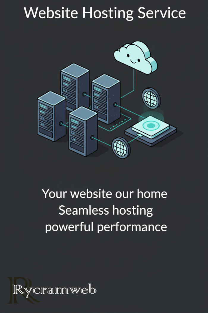 Illustration of a server and website connected with high-speed data flow, representing Rycramweb’s fast and reliable website hosting service.